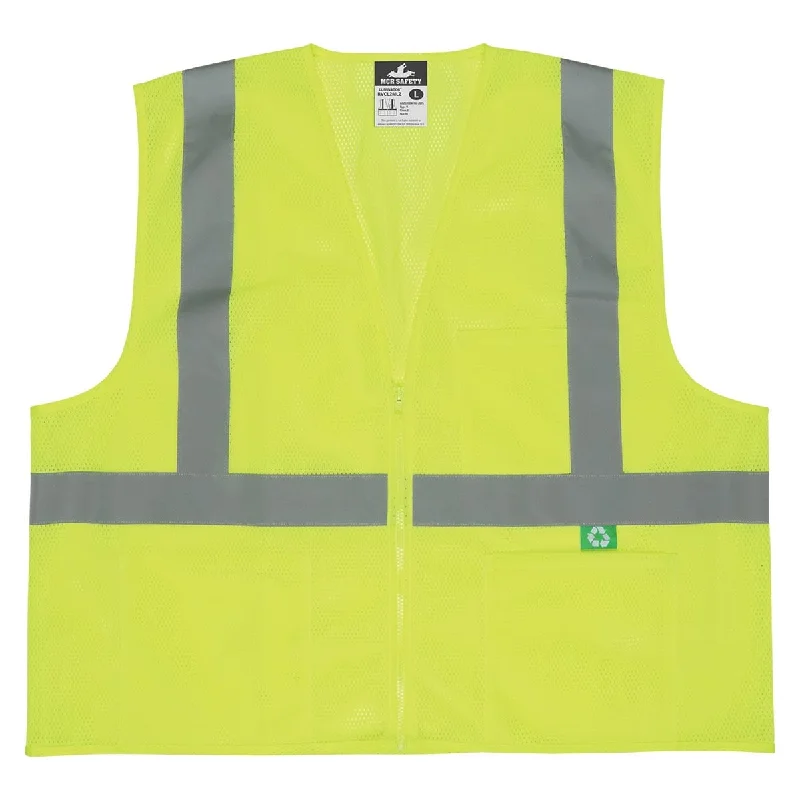 MCR Safety ANSI Class 2 Hi-Vis Recycled Materials Zipper-Front Vest