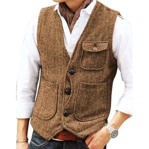 Men's V-neck Single-breasted Tweed Vest 39854419M