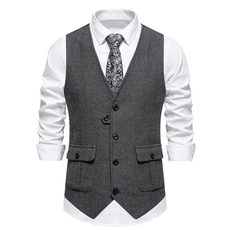 Men's Vintage Herringbone Fabric V-Neck Suit Vest 13250914Y