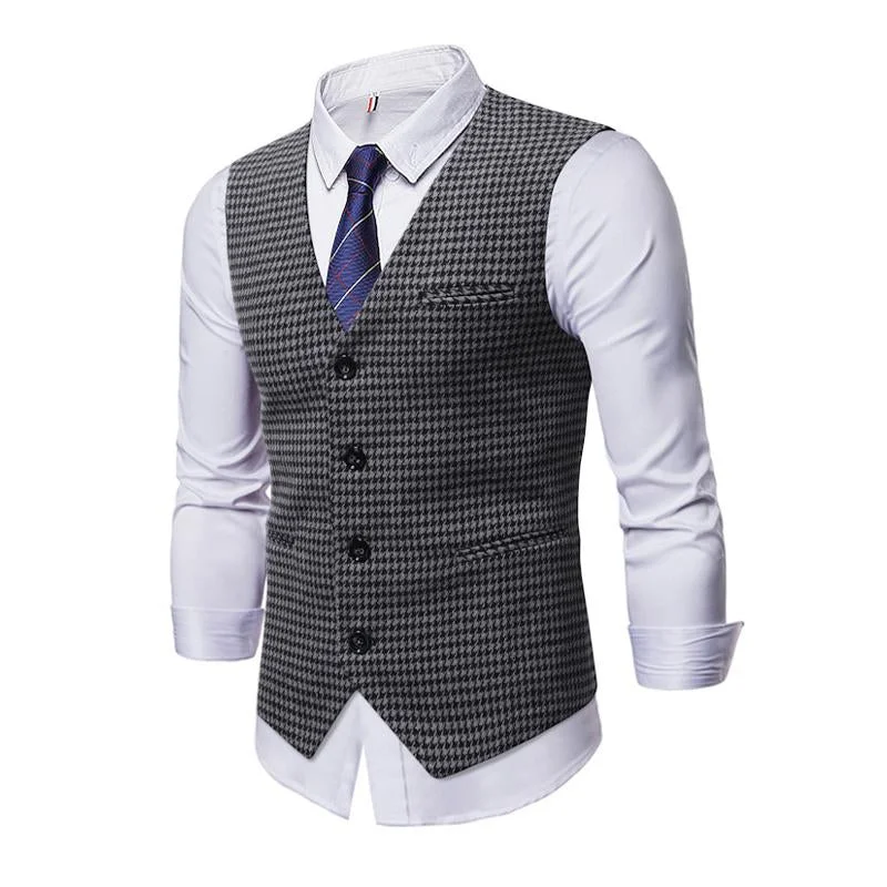 Men's Vintage Houndstooth Single Breasted V-Neck Suit Vest 97818421Y