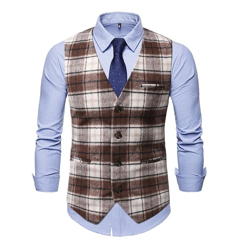 Men's Vintage Plaid Collarless Suit Vest 50235091Y