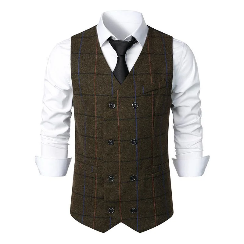 Men's Vintage Plaid V Neck Double Breasted Suit Vest 70463888Z