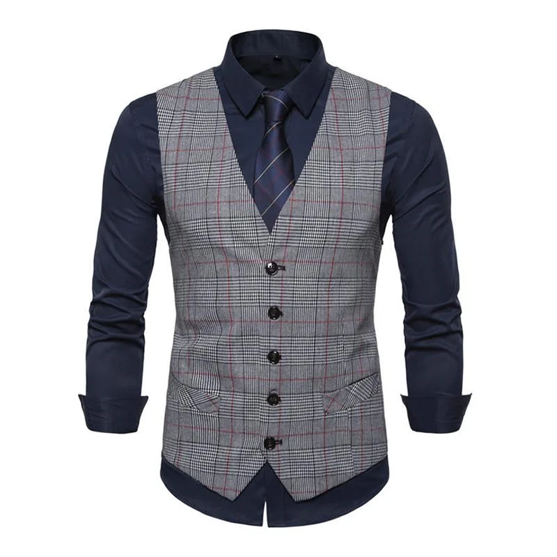 Men's Vintage Single Breasted V Neck Plaid Suit Vest 13549331M