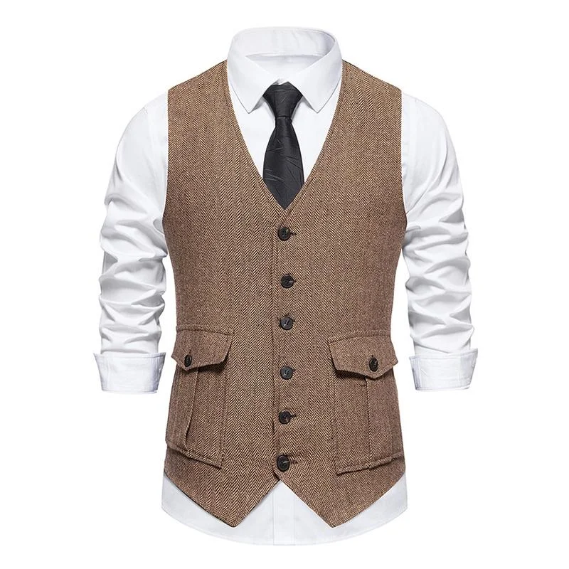 Men's Vintage V-Neck Single Breasted Patch Pocket Suit Vest (Shirt and Tie Excluded) 02085676M