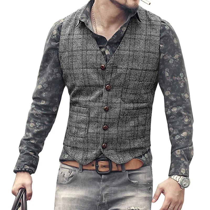 Men's Vintage V-Neck Single-Breasted Plaid Slim Fit Suit Vest 43635540M