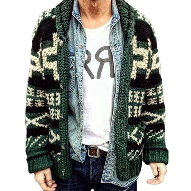 Men's Casual Lapel Long Sleeve Jacquard Knit Cardigan 57088164M