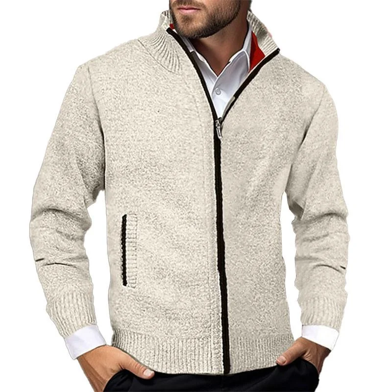 Men's Casual Stand Collar Colorblock Long Sleeve Zipper Knitted Cardigan 20949799M