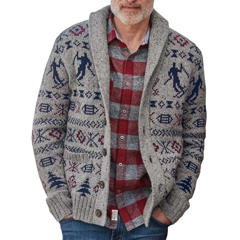 Men's Lapel Vintage Jacquard Knit Single Breasted Cardigan 79918337M