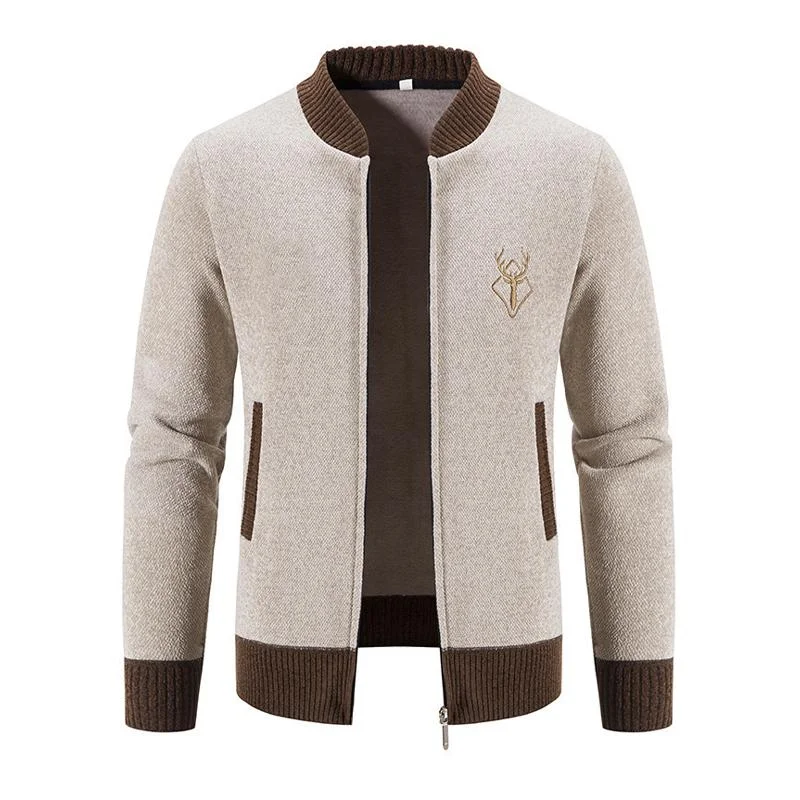 Men's Retro Colorblock Stand Collar Embroidered Warm Cardigan 08327801Y