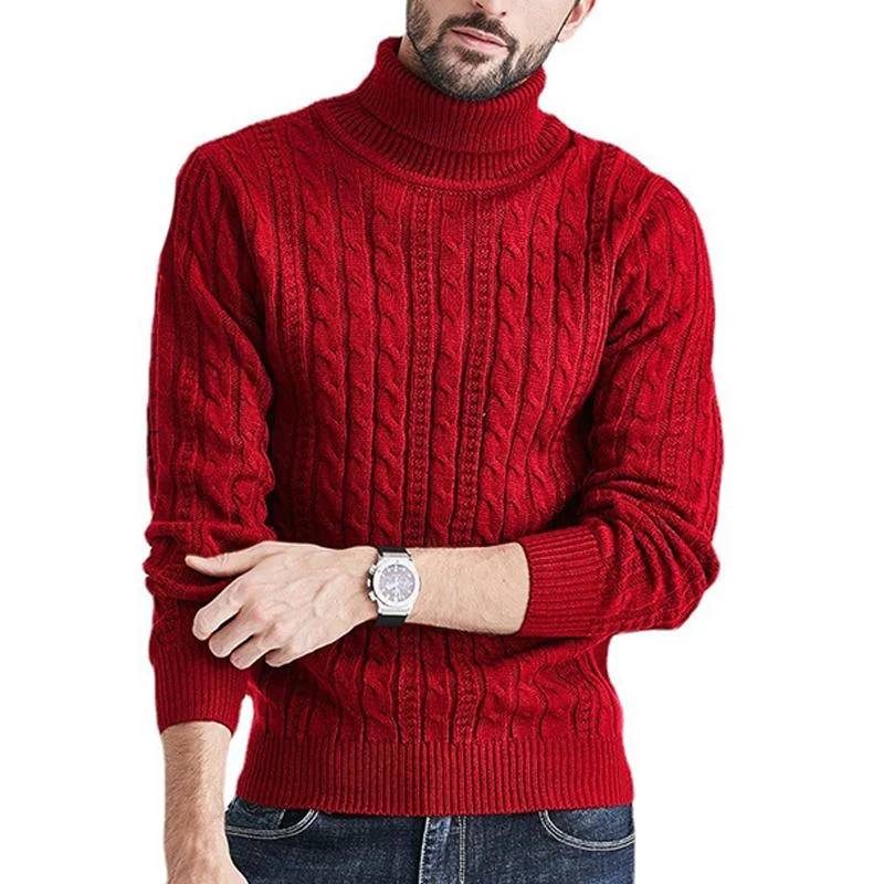 Men's Solid High Collar Long Sleeve Cable Knit Sweater 18417126Z