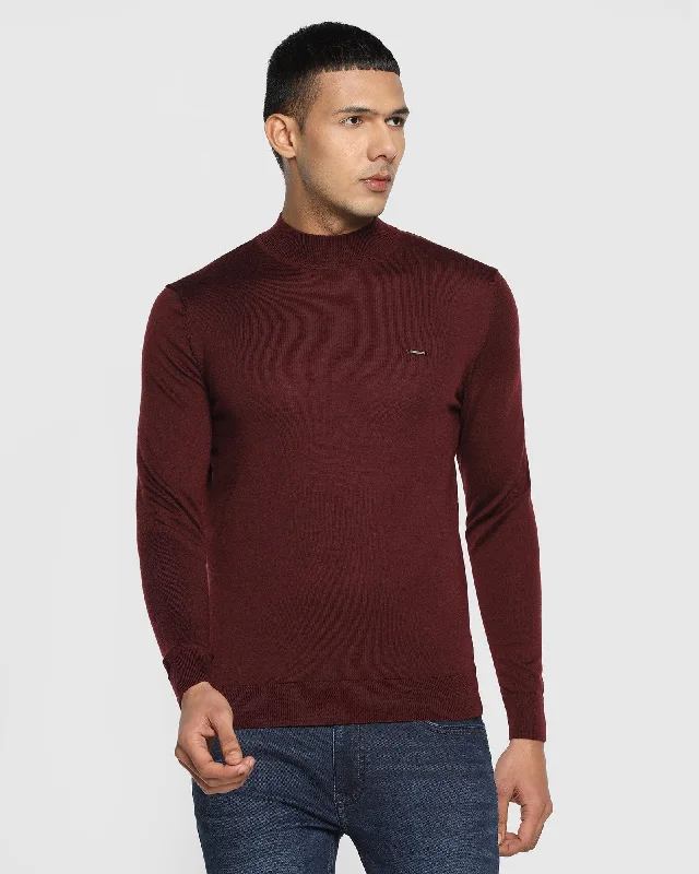 Stylized Collar Wine Solid Sweater - Domin