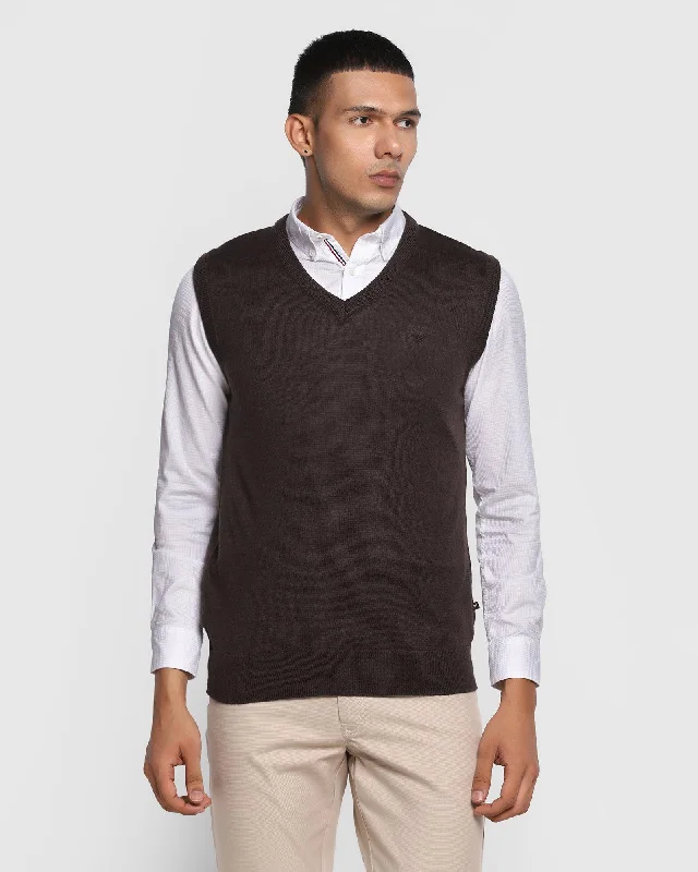 V-Neck Dark Brown Solid Sweater - Xavior