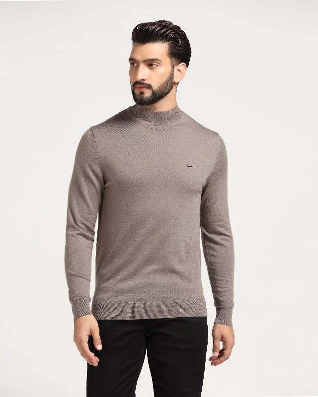 High Neck Beige Solid Sweater - Jester