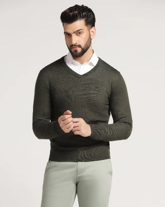 V-Neck Algae Green Solid Sweater - Rosin