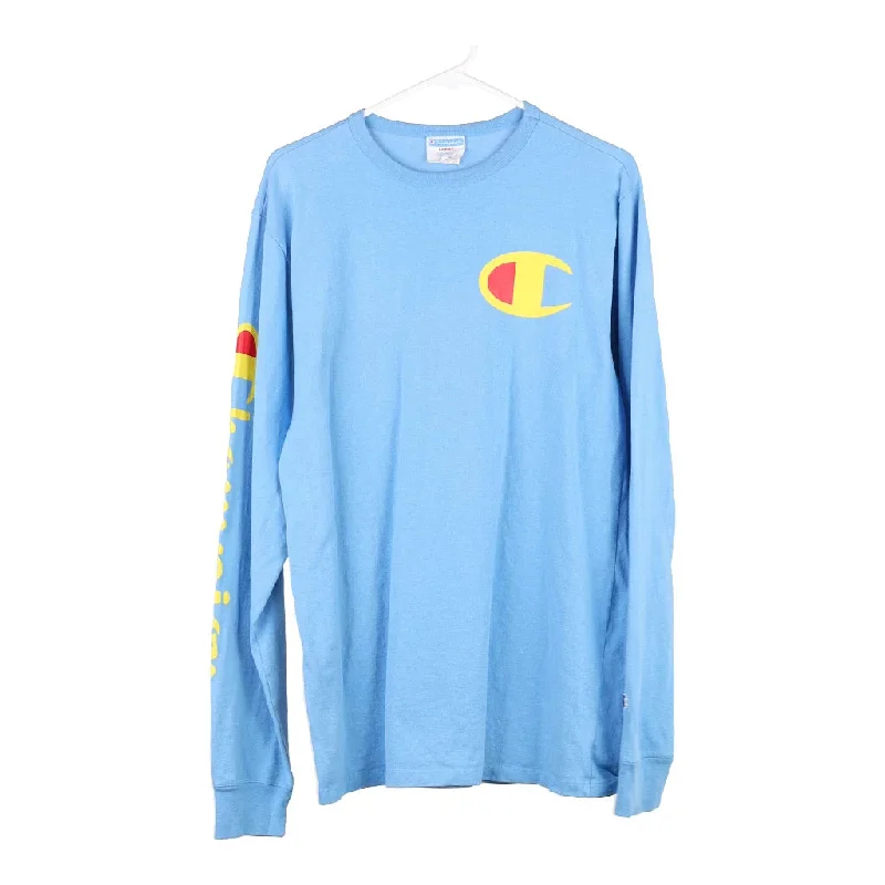 Champion Long Sleeve T-Shirt - Large Blue Cotton