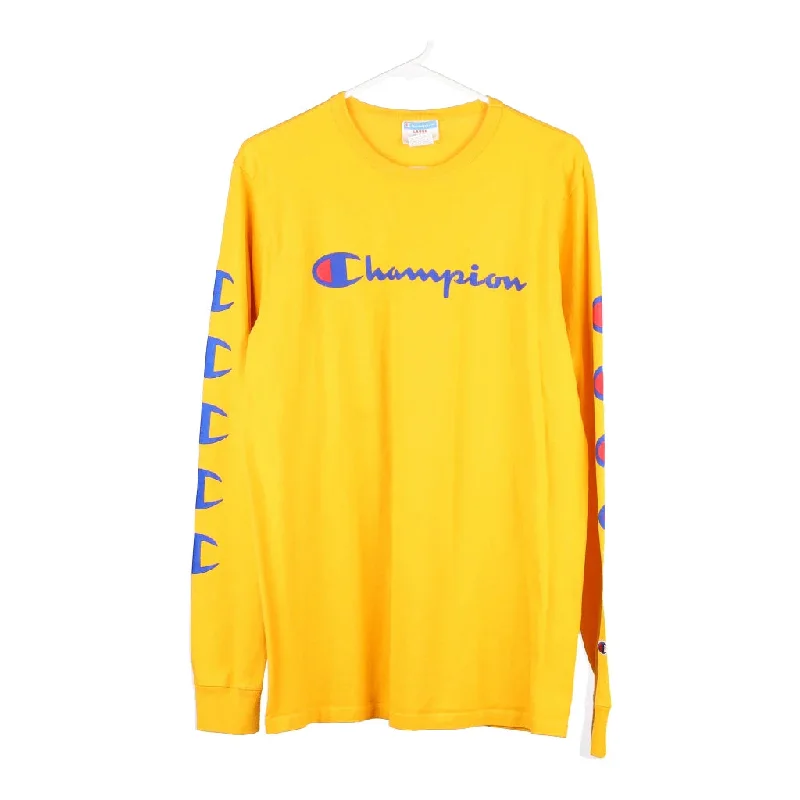 Champion Long Sleeve T-Shirt - Large Yellow Cotton