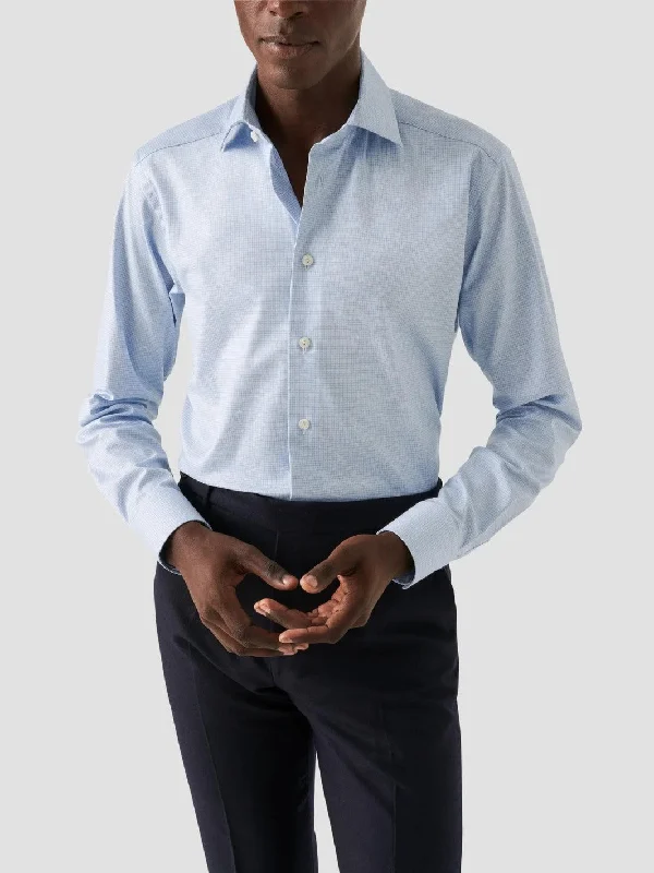 SLIM FIT MICRO CHECK COTTON TENCEL SHIRT Blå