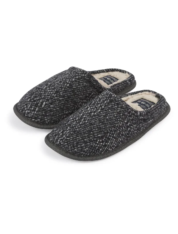 Chuck Faux Wool Mule Slippers with Sherpa Fleece Lining in Grey Herringbone - Tokyo Laundry