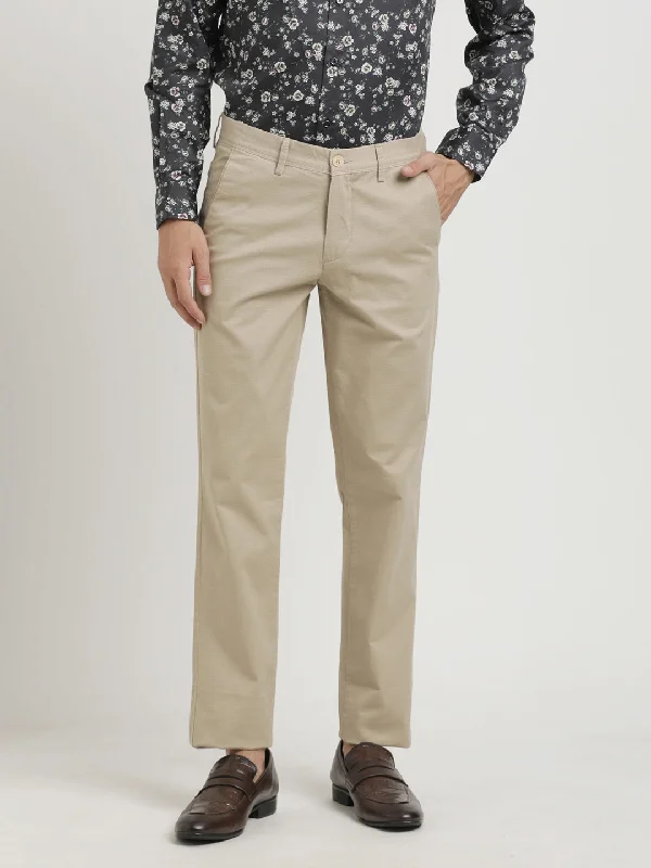 Cotton Stretch Beige Printed Ultra Slim Fit Flat Front Casual Trouser