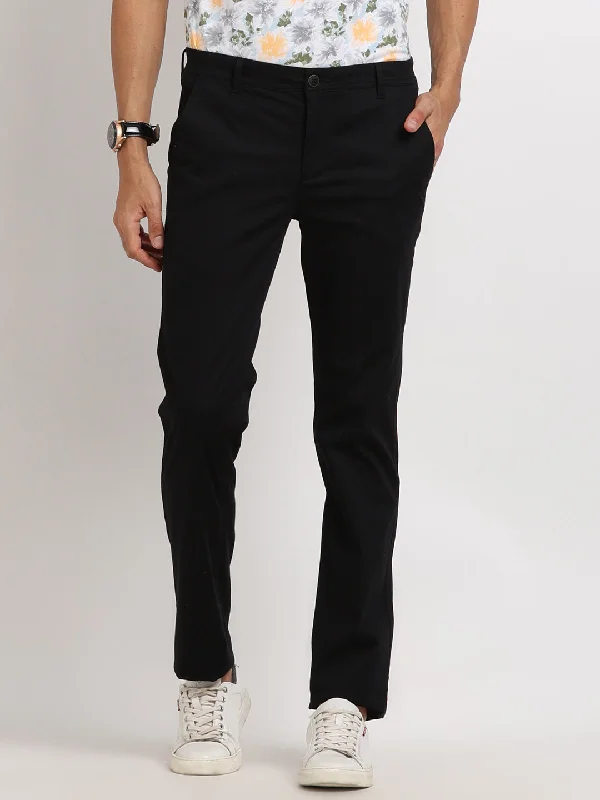 Cotton Stretch Black Plain Ultra Slim Fit Flat Front Casual Trouser