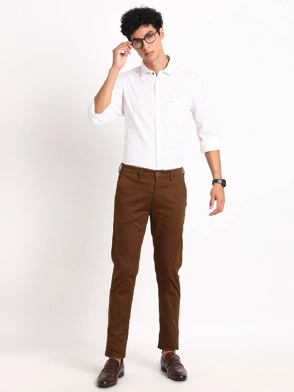 Cotton Stretch Brown Printed Narrow Fit Flat Front Casual Trouser