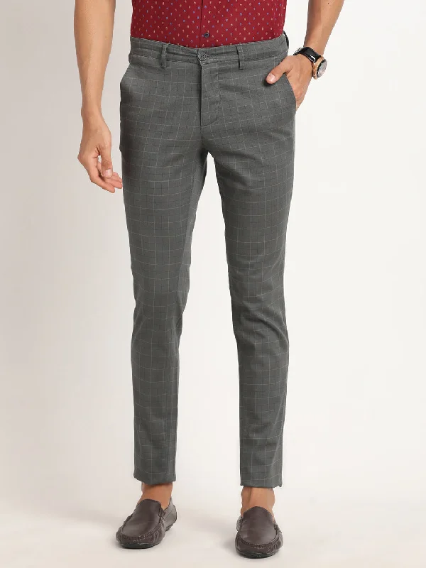 Cotton Stretch Grey Checkered Narrow Fit Flat Front Casual Trouser