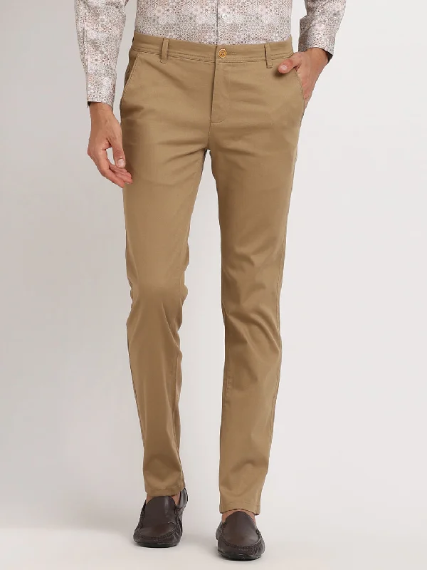 Cotton Stretch Khaki Plain Ultra Slim Fit Flat Front Casual Trouser