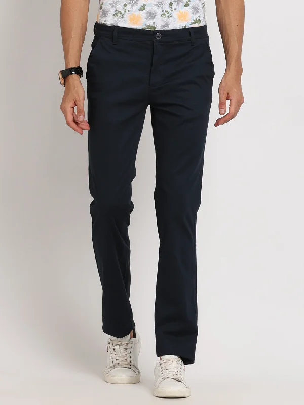 Cotton Stretch Navy Blue Plain Ultra Slim Fit Flat Front Casual Trouser