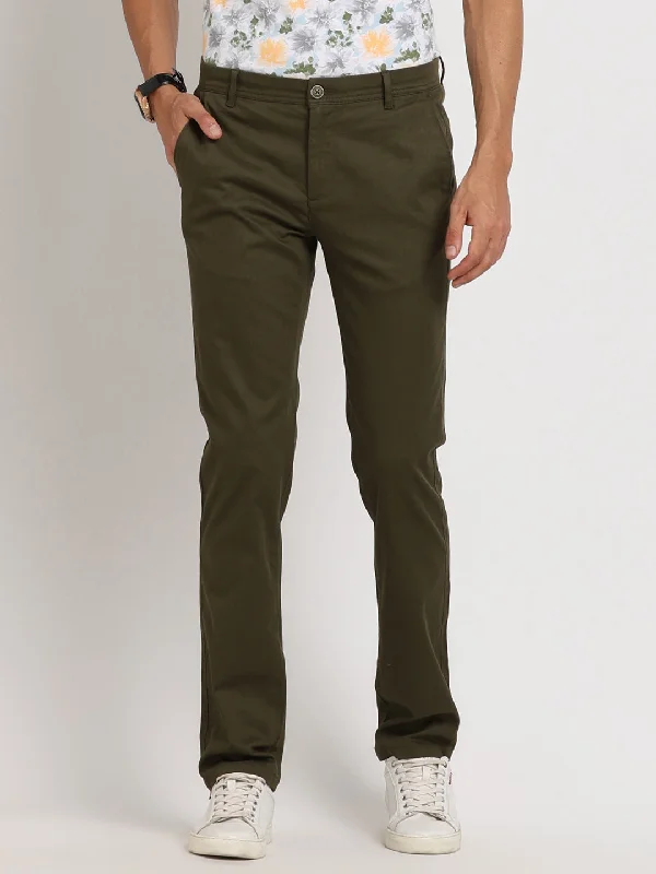 Cotton Stretch Olive Plain Ultra Slim Fit Flat Front Casual Trouser