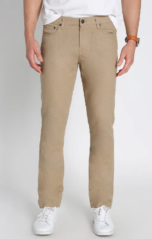 Tan Straight Fit 5 Pocket Linen Pant