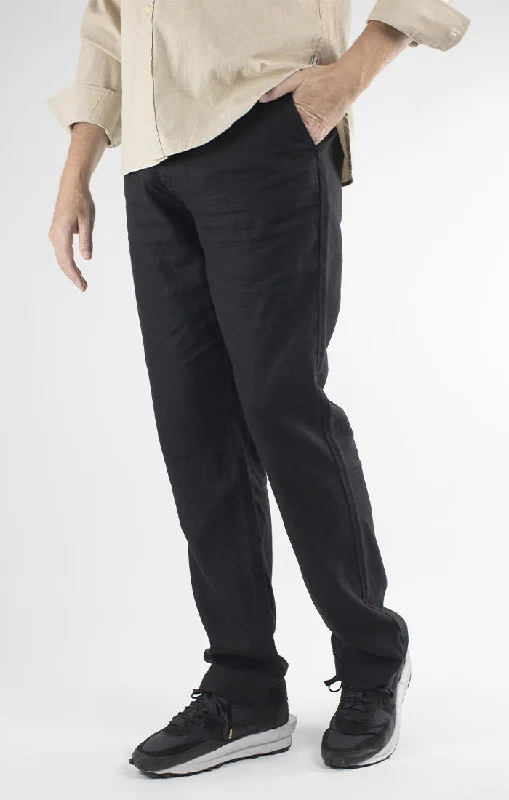 Black Straight Fit Linen Blend Chino Pant