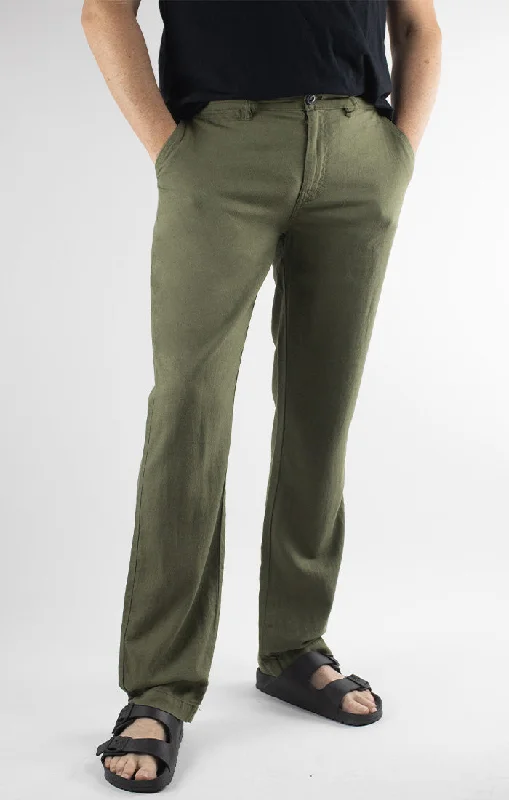 Olive Straight Fit Linen Blend Chino Pant