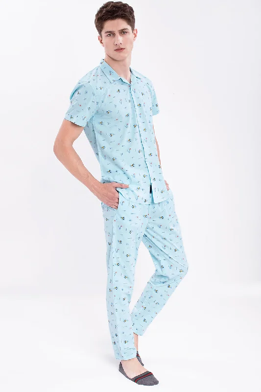 Light Blue Fun Beach Print Cotton Pyjama Set