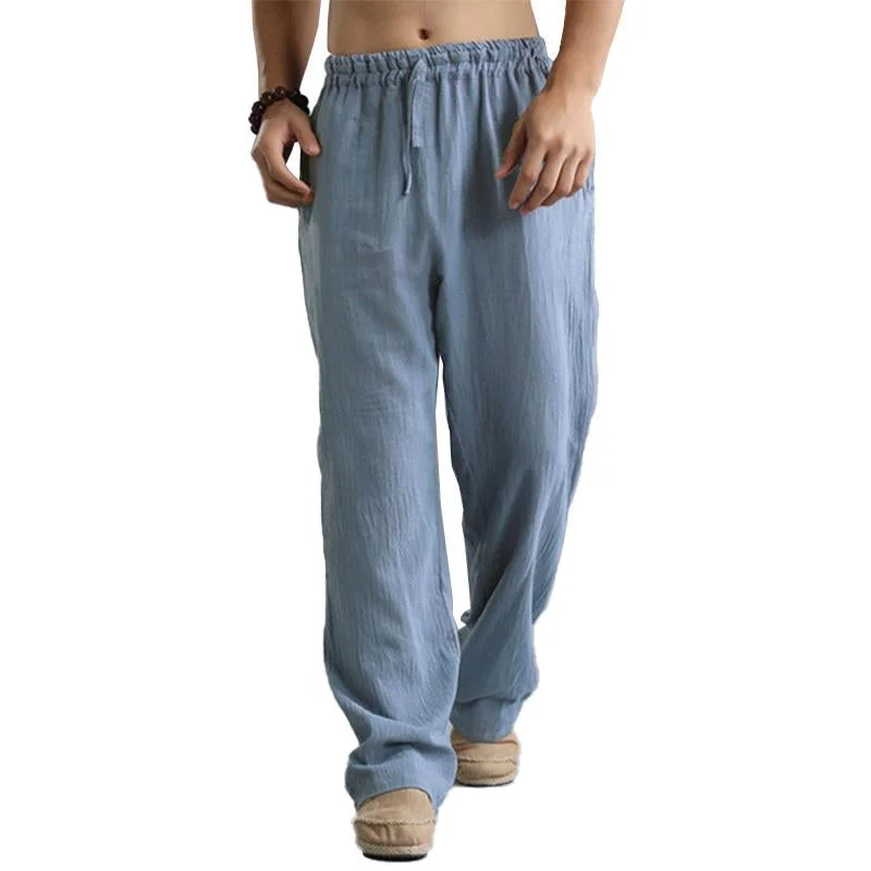 Men's Casual Loose Cotton Linen Breathable Elastic Waist Trousers 31442547M