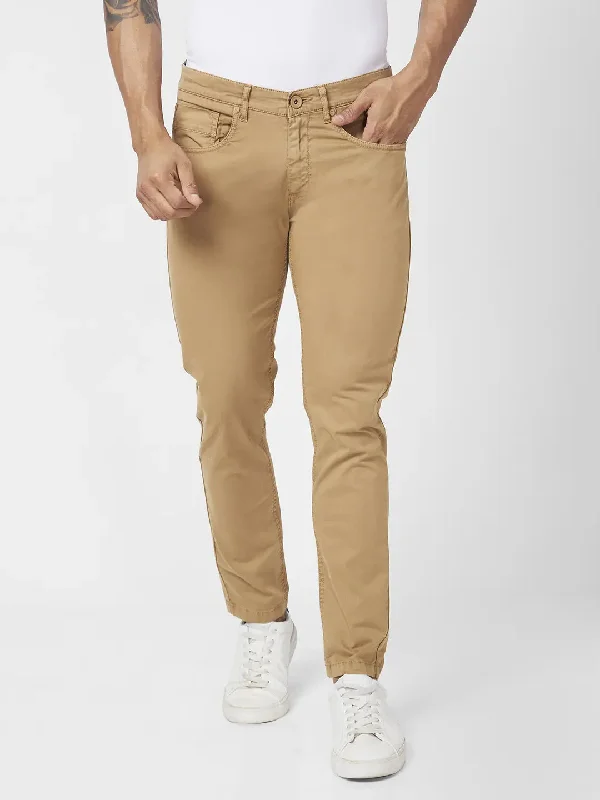 Spykar Men Camel Khaki Cotton Slim Fit Ankle Length Mid Rise Trousers