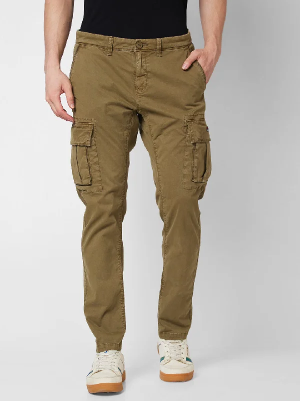 Spykar Mid Rise CARGO Green Trousers For Men