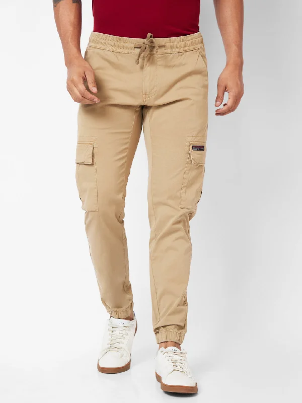 Spykar Mid-Rise Slim Fit Beige Trousers For Men