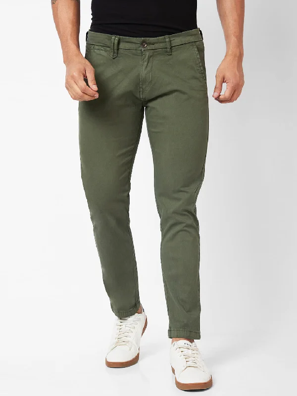 Spykar Mid-Rise Slim Fit Green Trousers For Men