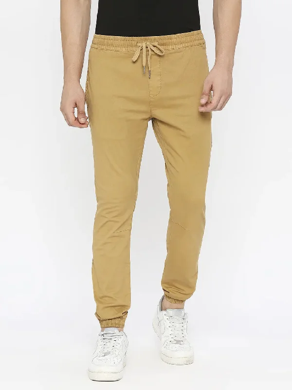 Spykar Men Beige Lycra Slim Fit Ankle Length Plain Trousers