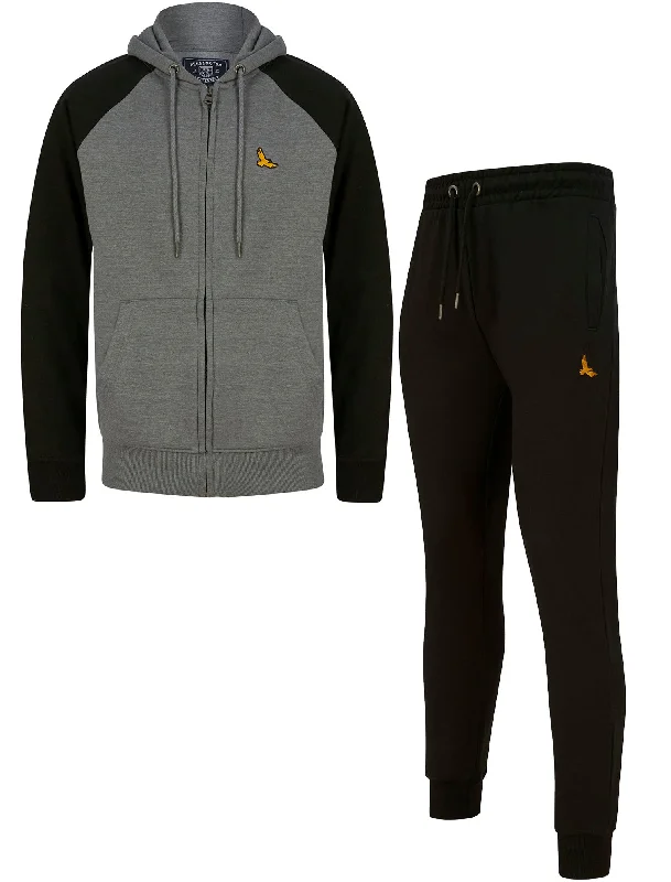 Replex 2pc Hoody & Jogger Brushback Fleece Tracksuit Co-ord Set in Mid Grey Marl / Jet Black - Kensington Eastside