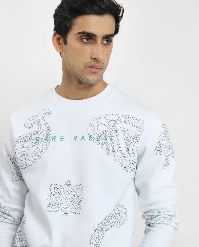 Rare Rabbit Men's Arloo White Cotton Polyester Fabric Full Sleeves Paisley Print Knitted Sweatshirt