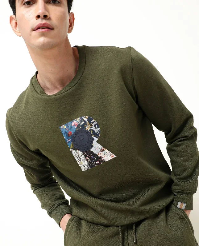 Rare Rabbit Men's Astor Olive Cotton Polyester Fabric Full Sleeves Floral Graphic Print Sweatshirt