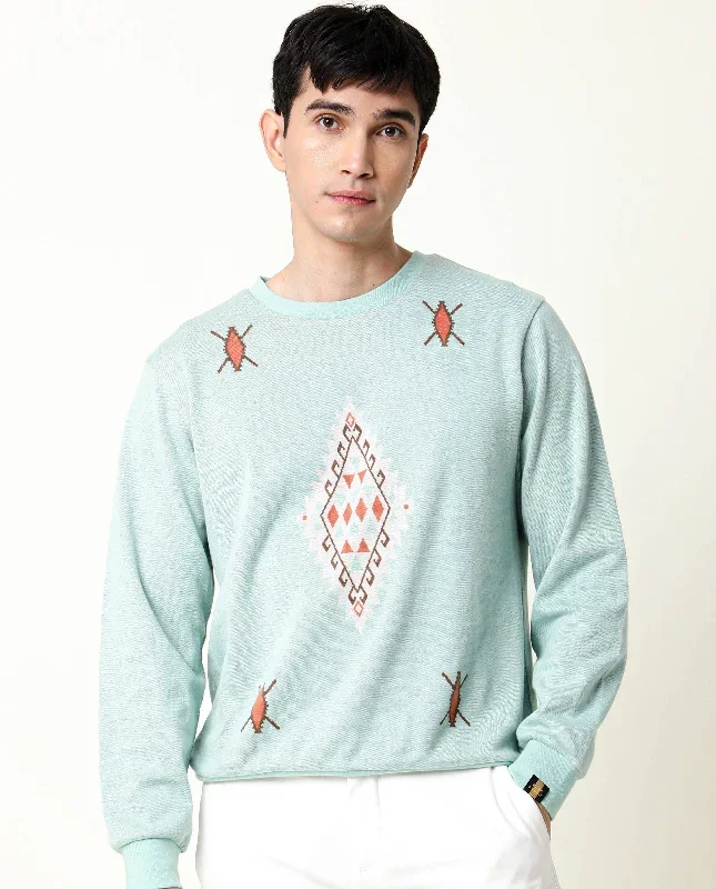 Rare Rabbit Men's Aztec Blue Cotton Fabric Full Sleeves Abstract Print Knitted Sweatshirt