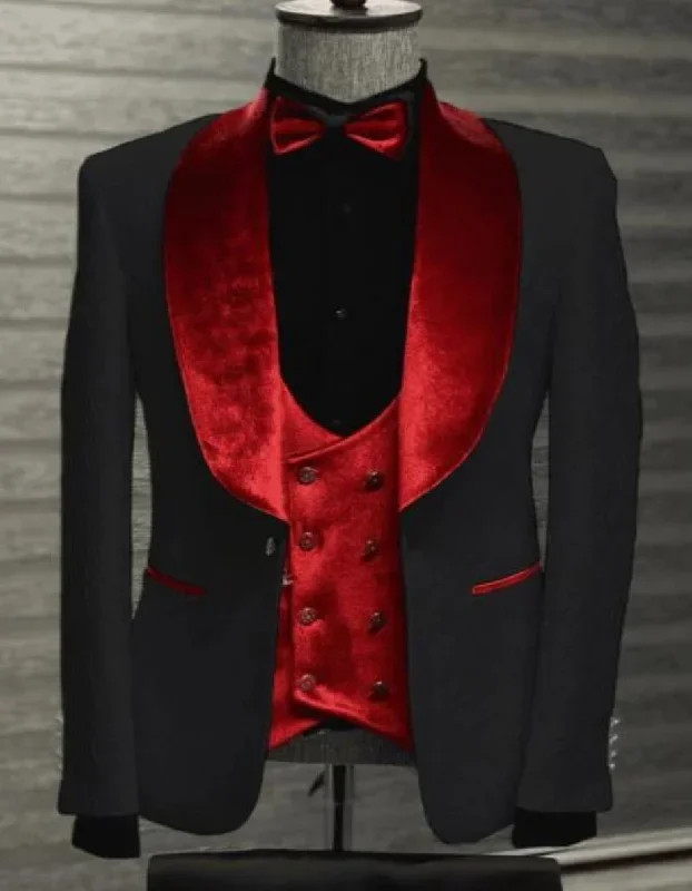 Black And Red Velvet Lapel Tuxedo - Red Wedding Tuxedo - Two Toned