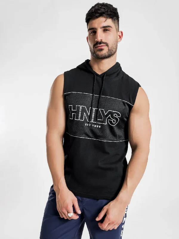 Bloc Reflective Hooded Muscle T-Shirt in Black