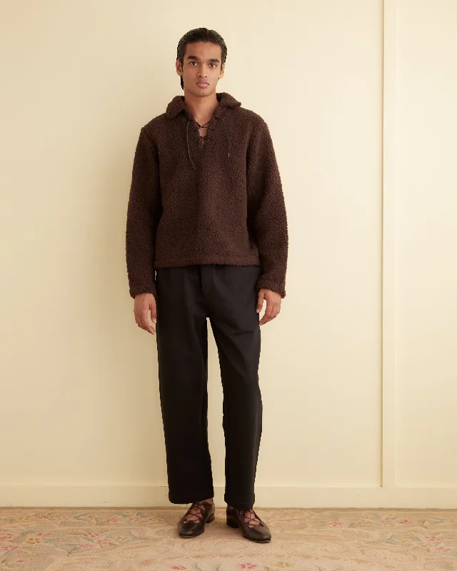 Fleece Tie-Up Pullover - Dark Brown