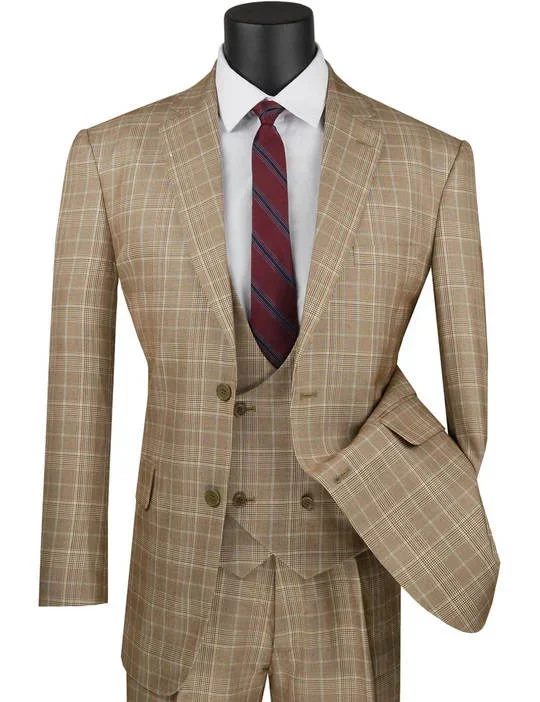 Mens 2 Button Vested Peak Lapel Plaid Windowpane Suit in Camel