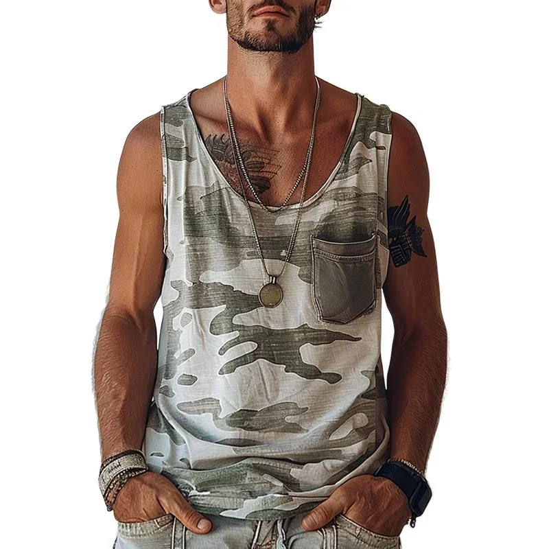 Men's Camo Print Chest Pocket Tank Top 54910669Y