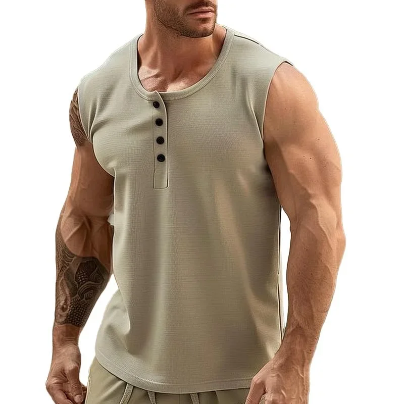 Men's Casual Henley Collar Cotton Blend Tank Top 14363564M