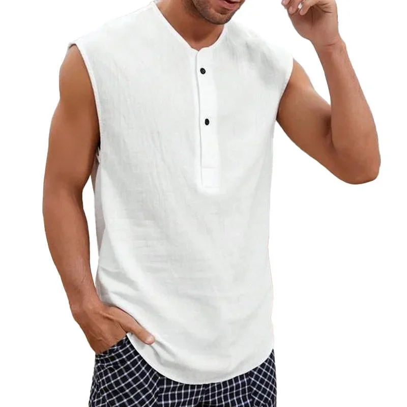 Men's Casual Round Neck Cotton Linen Henley Collar Tank Top 70469056M